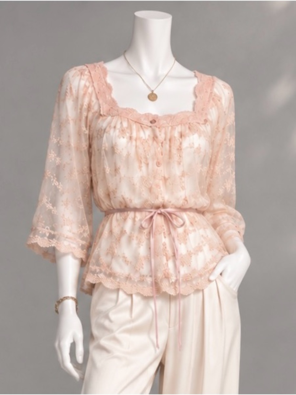 Ultra Pink Vintage Y2K Coquette Top L Pink Sheer Embroidered Mesh Lace Fairycore